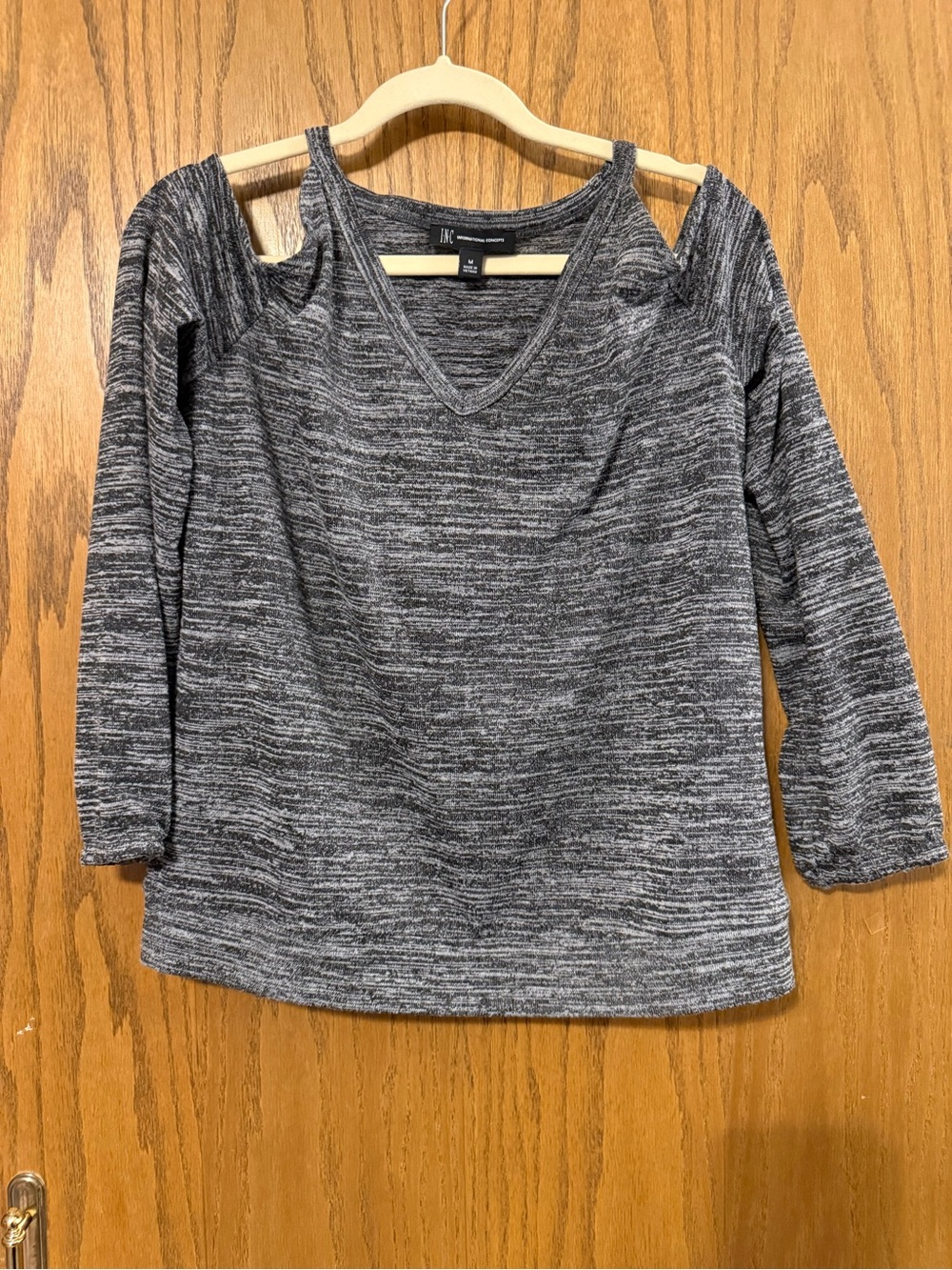 INC International Concepts Gray Cold-Shoulder V-Neck Knit Top